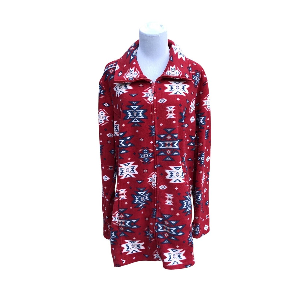Denim & Co Southwest XL Fleece Jacket Aztec Tribal Westen Red Full Zip Cowgirl